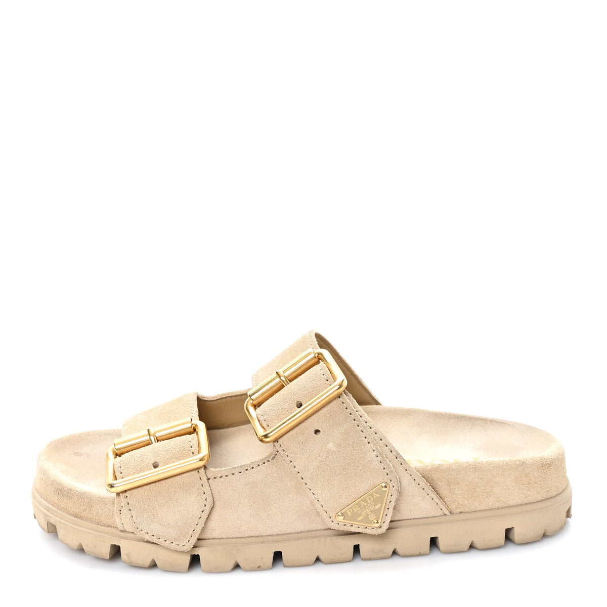 Suede Metal Triangle Logo Double Buckle 20Mm Slide Sandals Ecru