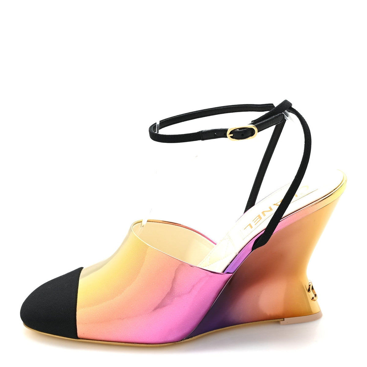 Laminated Calfskin Grosgrain Cap Toe CC Wedge Pumps Pink Orange Yellow