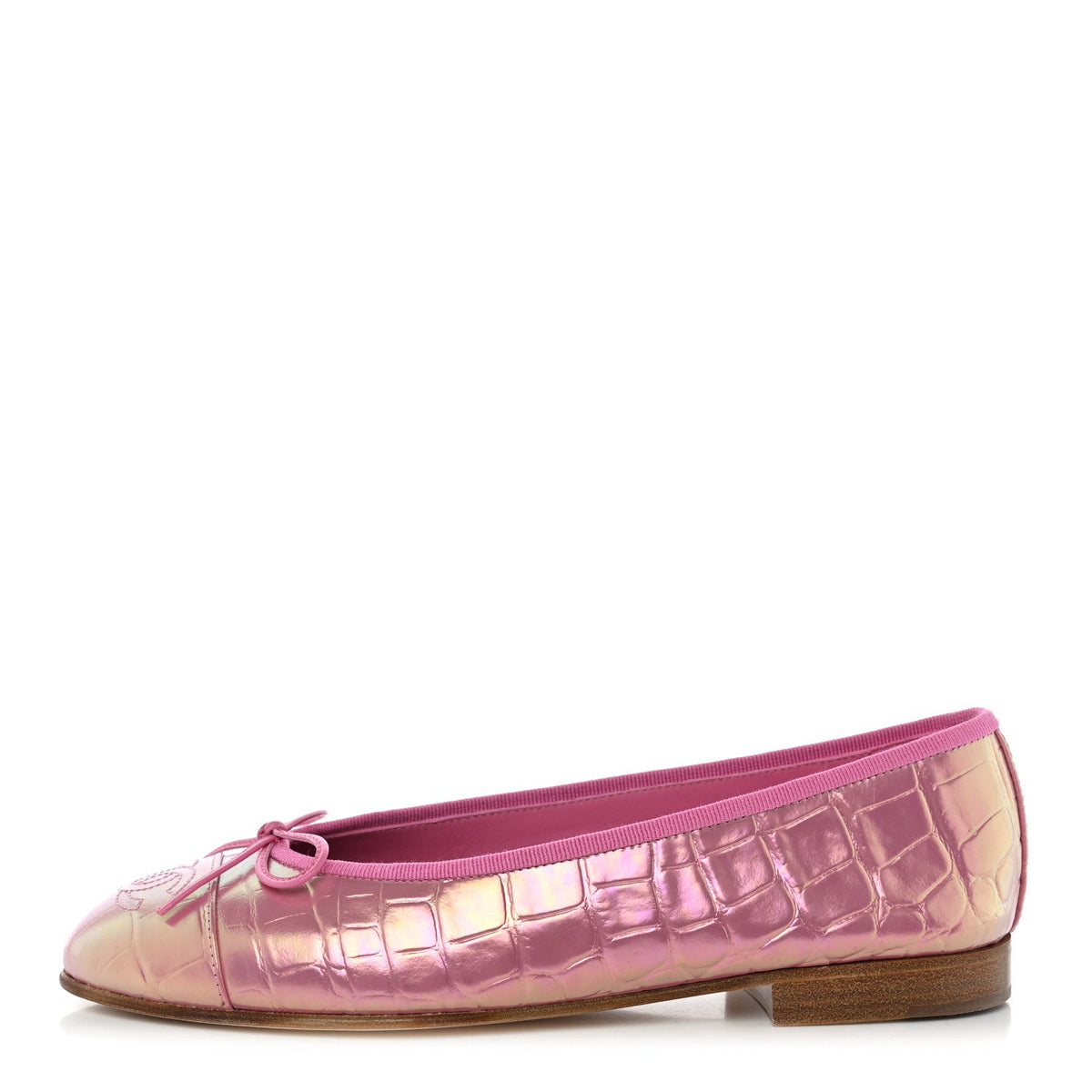 Iridescent Calfskin Crocodile Embossed Ballerina Flats Pink