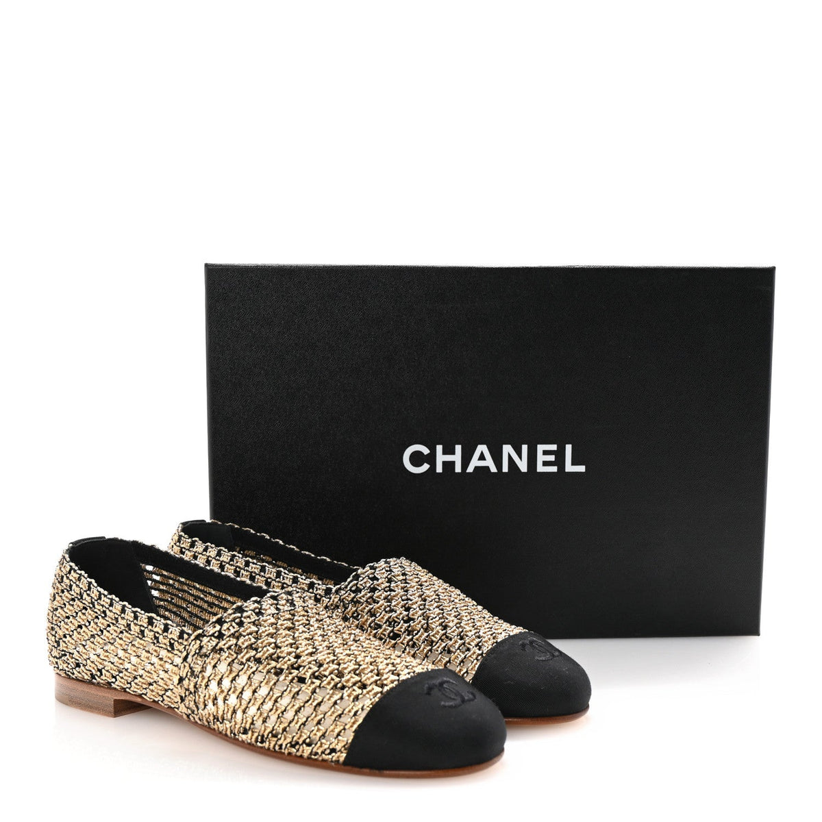 Chanel Knit Grosgrain Women's Cap Toe CC Moccasin Loafers 36 Gold Black