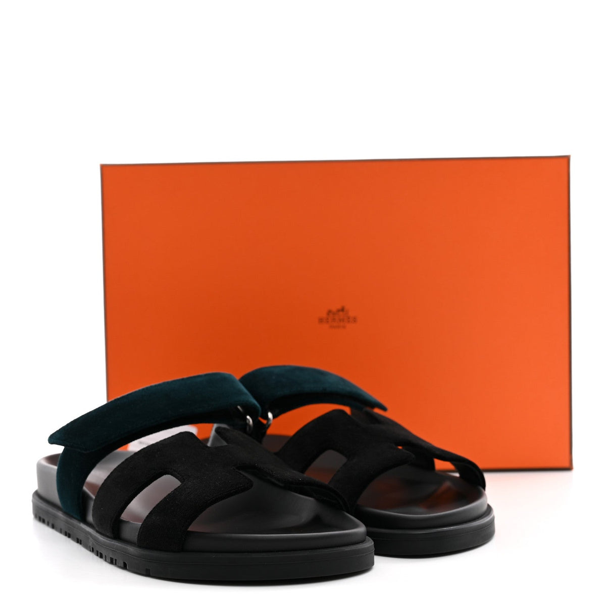 Hermes Velvet Women's Chypre Sandals 36 Black Vert Mousse