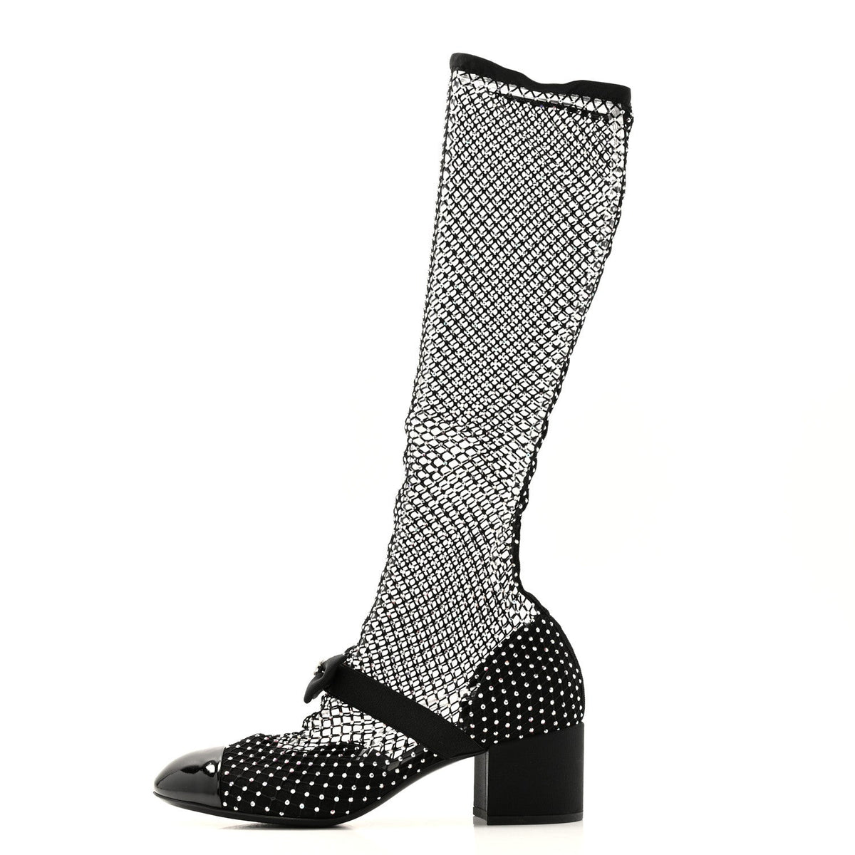 Mesh Crystal Patent CC Bow High Boots Black