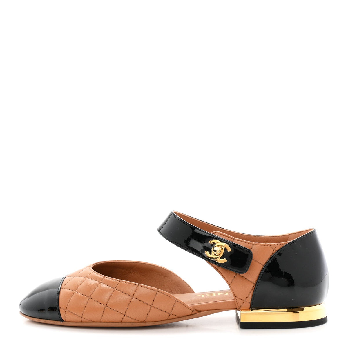 Patent Lambskin Quilted Cap Toe Ballerina Flats Light Brown Black