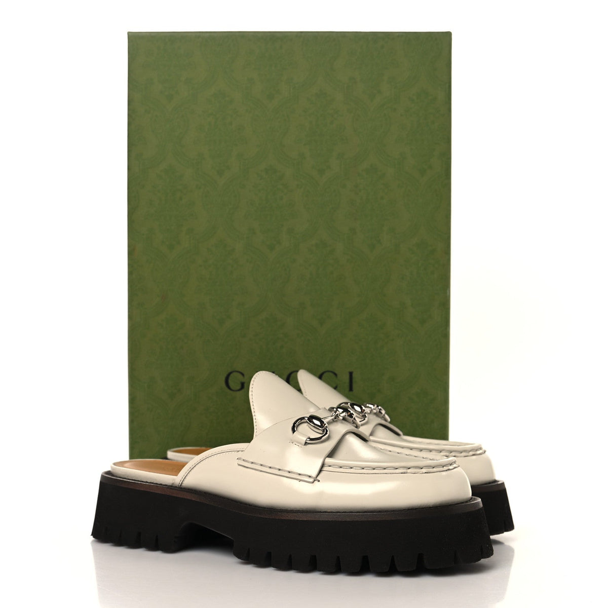 Gucci Smooth Calfskin Women's Cordovan Lux Horsebit Platform Mules 37 Mystic White