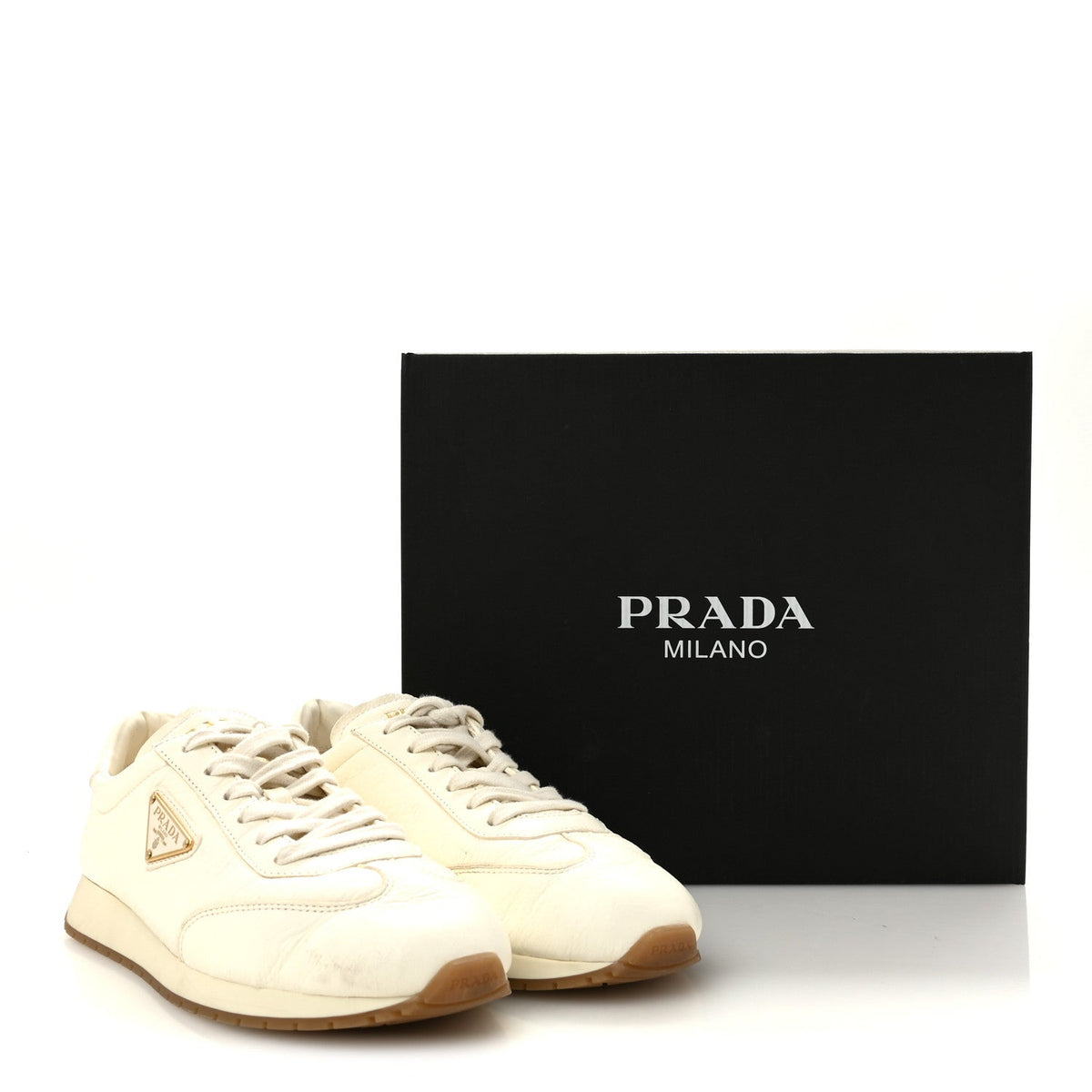 Prada Calfskin Metal Triangle Logo Women's Sneakers 40 Neutral
