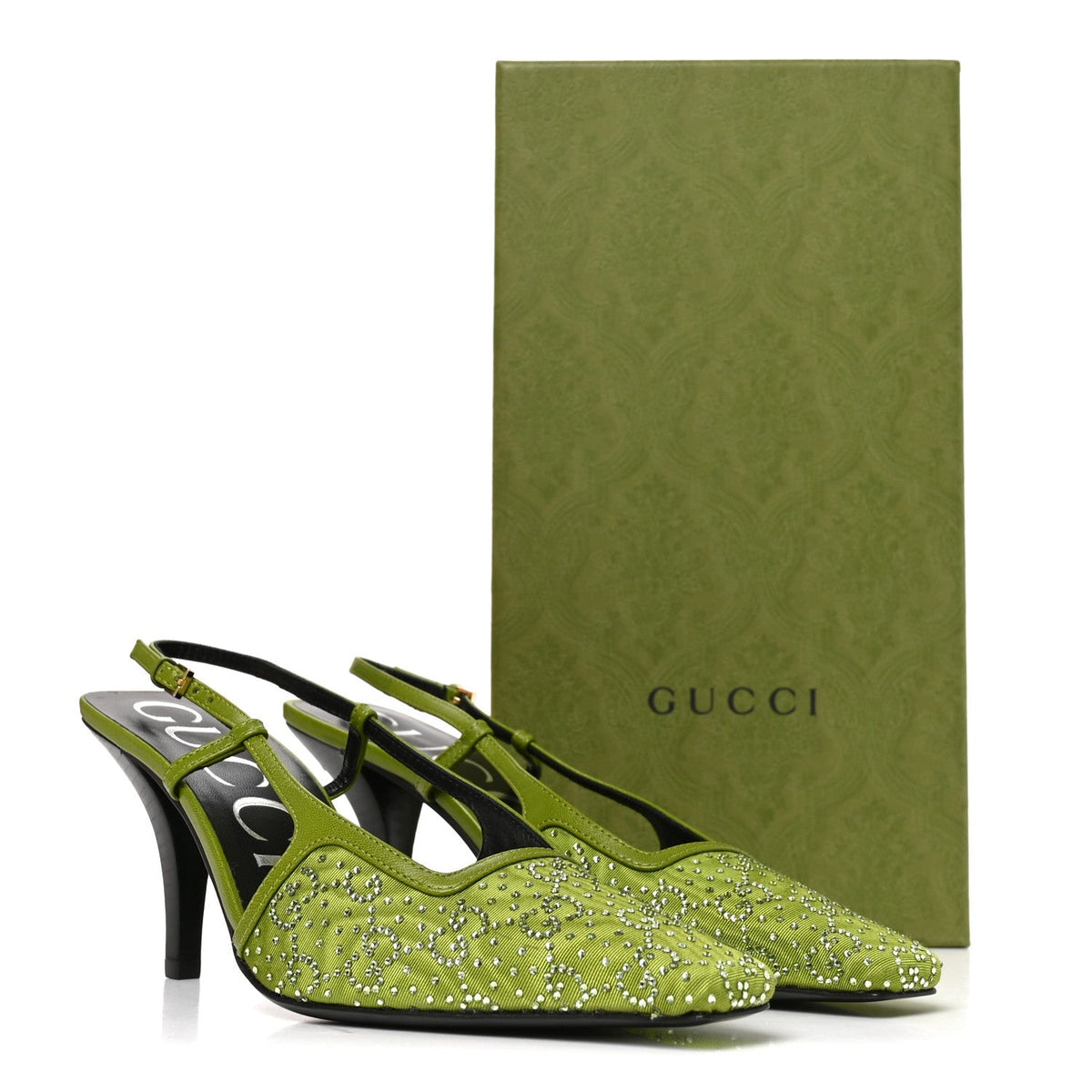Gucci Moire Fabric Women's Crystal GG Slingback Pumps 37 Lemon Leaf
