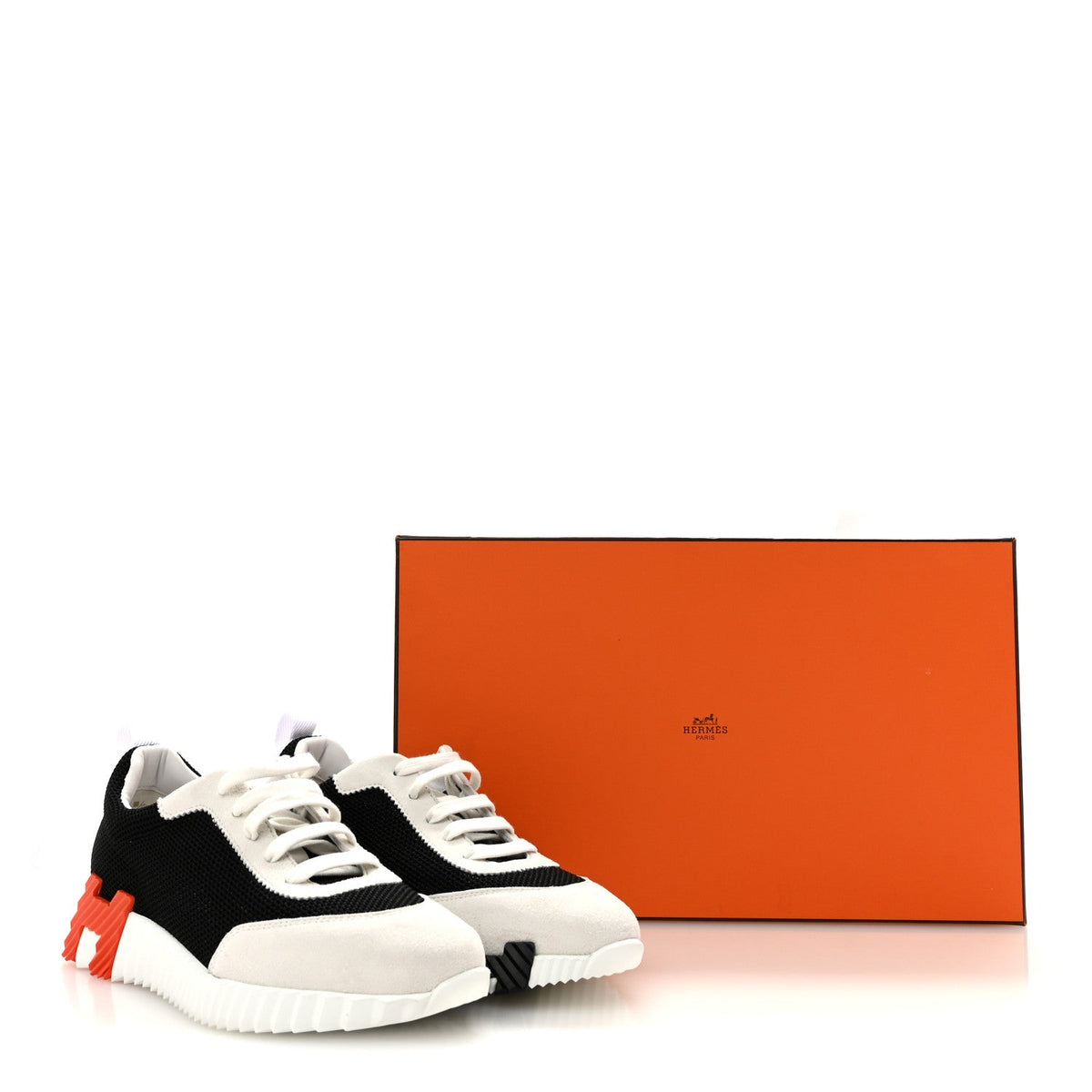 Hermès Air Mesh Suede Goatskin Women's Bouncing Sneakers 37 Black Orange
