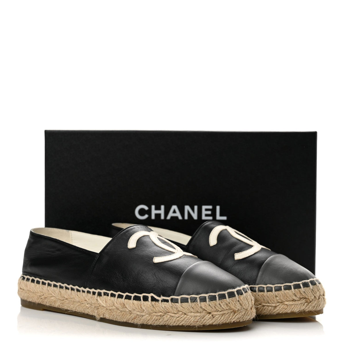 Chanel Lambskin CC Women's Espadrilles 37 Black White Dark Grey