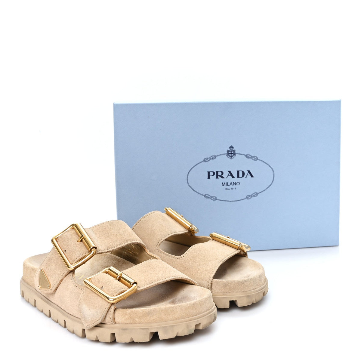 Prada Suede Women's Triangle Logo Slide Sandals 36 Ecru