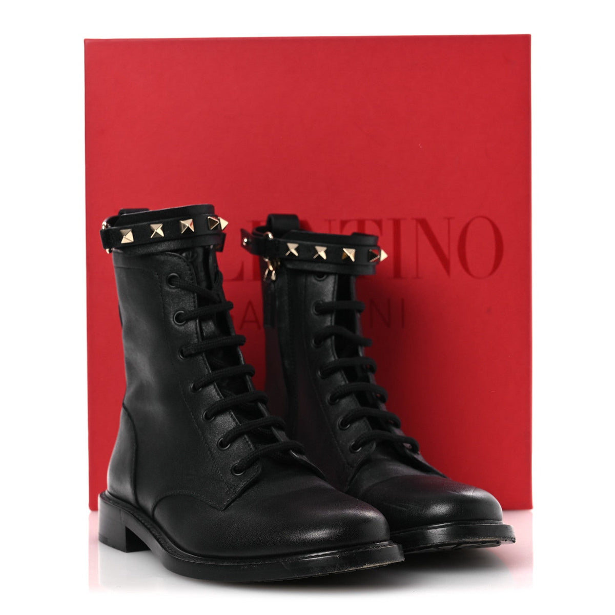 Valentino Garavani Calfskin Women's Rockstud Combat Ankle Boots 37 Black