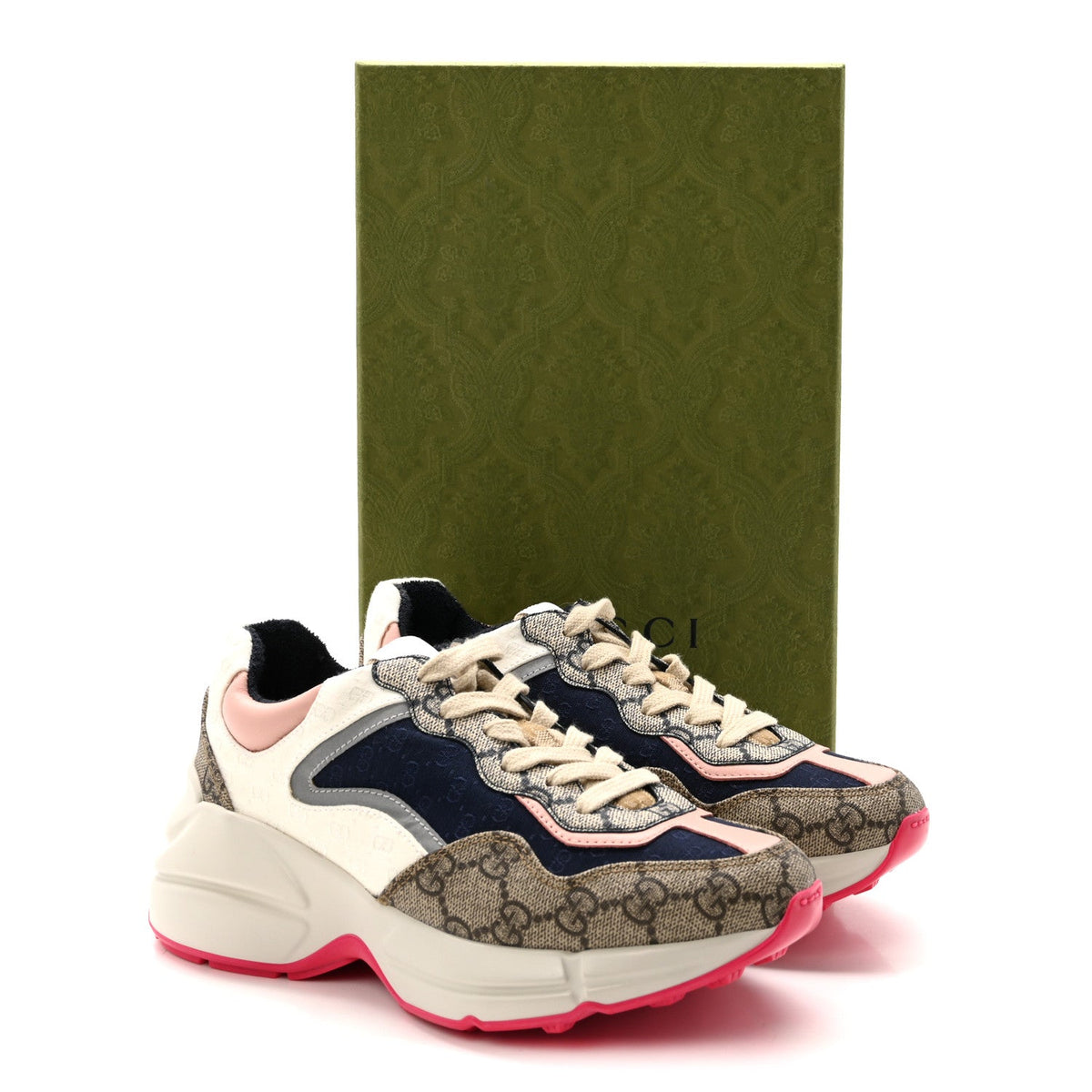 Gucci GG Supreme Monogram Women's Rhyton Sneakers 35.5 London Blue Beige Pale Pink