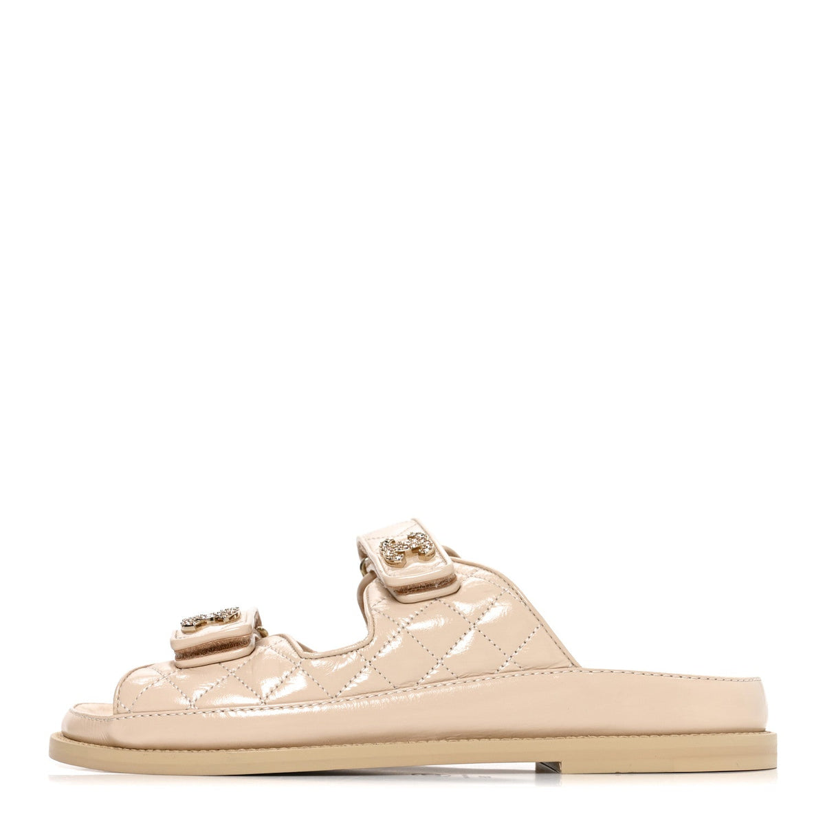Shiny Calfskin Crystal Quilted Velcro Dad CC Slide Sandals Light Beige