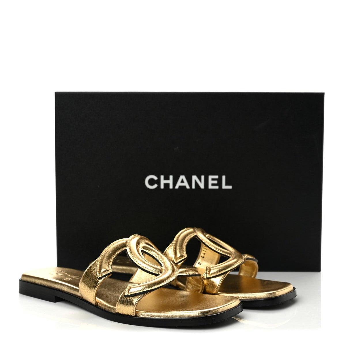Chanel Crackled Laminated Calfskin CC Cut Out Women's Mules Gold