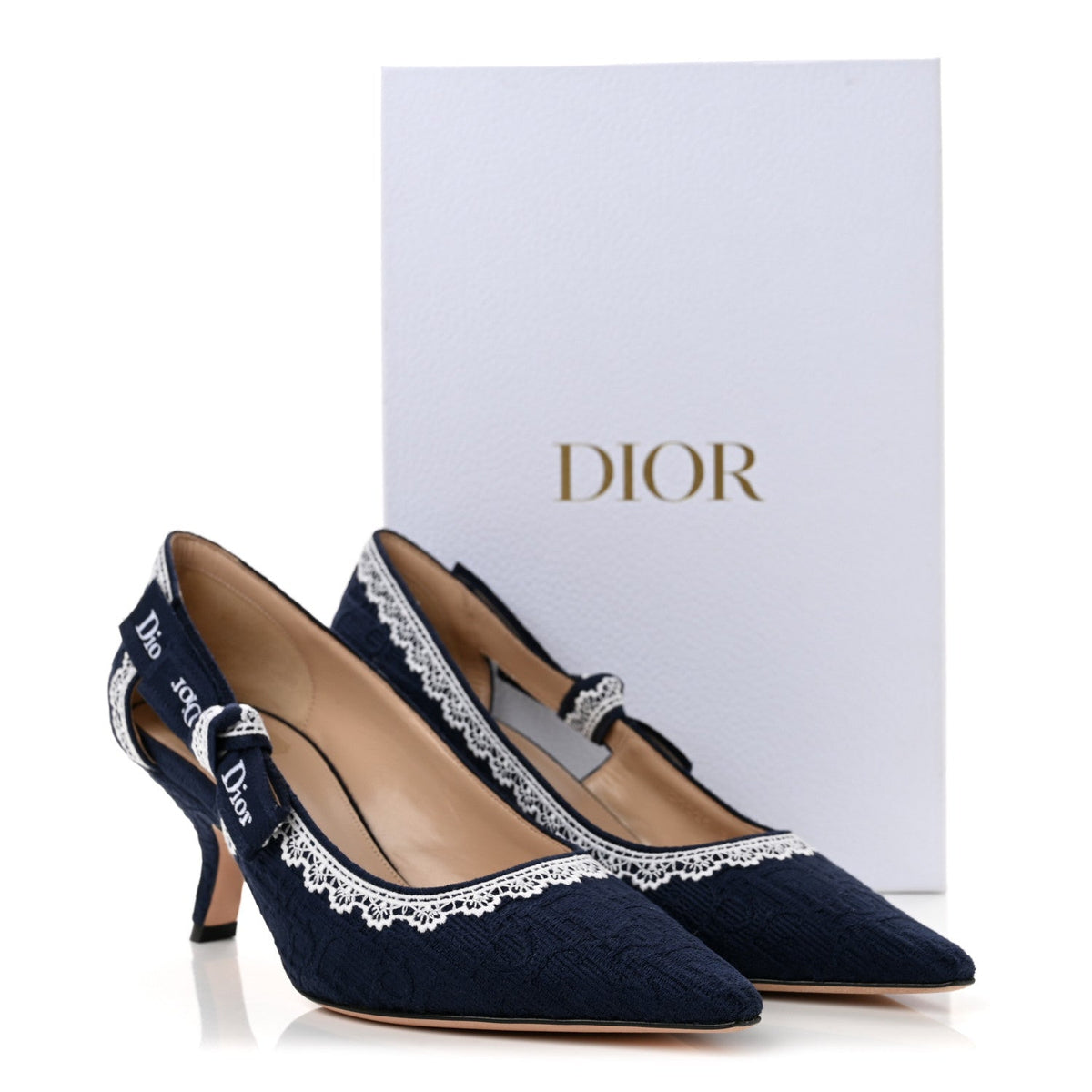 Christian Dior Embroidered Cotton Women's J'adior Slingback Pumps 39 Blue Ecru