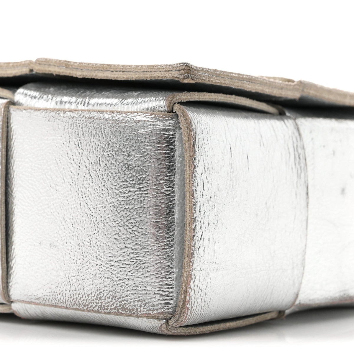 Bottega Veneta Metallic Lambskin Maxi Intrecciato Cassette Crossbody Bag Silver