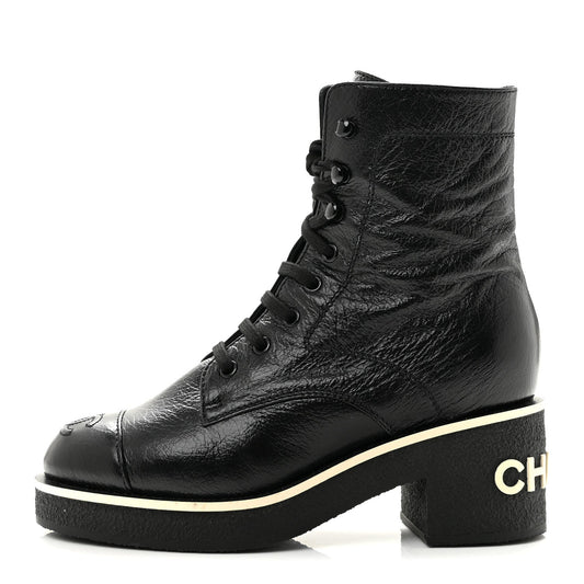 Shiny Crumpled Lambskin Lace Up Combat Boots Black