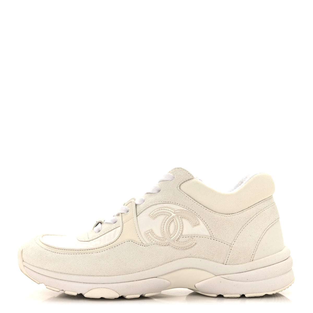 Chanel Suede Calfskin Women's CC Sneakers 37.5 White