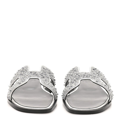 Hermes Velvet Goatskin Crystal Beads Oran Women's Sandals Gris Argente