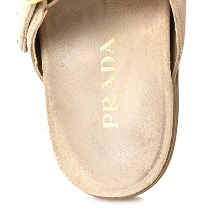 Prada Suede Women's Triangle Logo Slide Sandals 36 Ecru