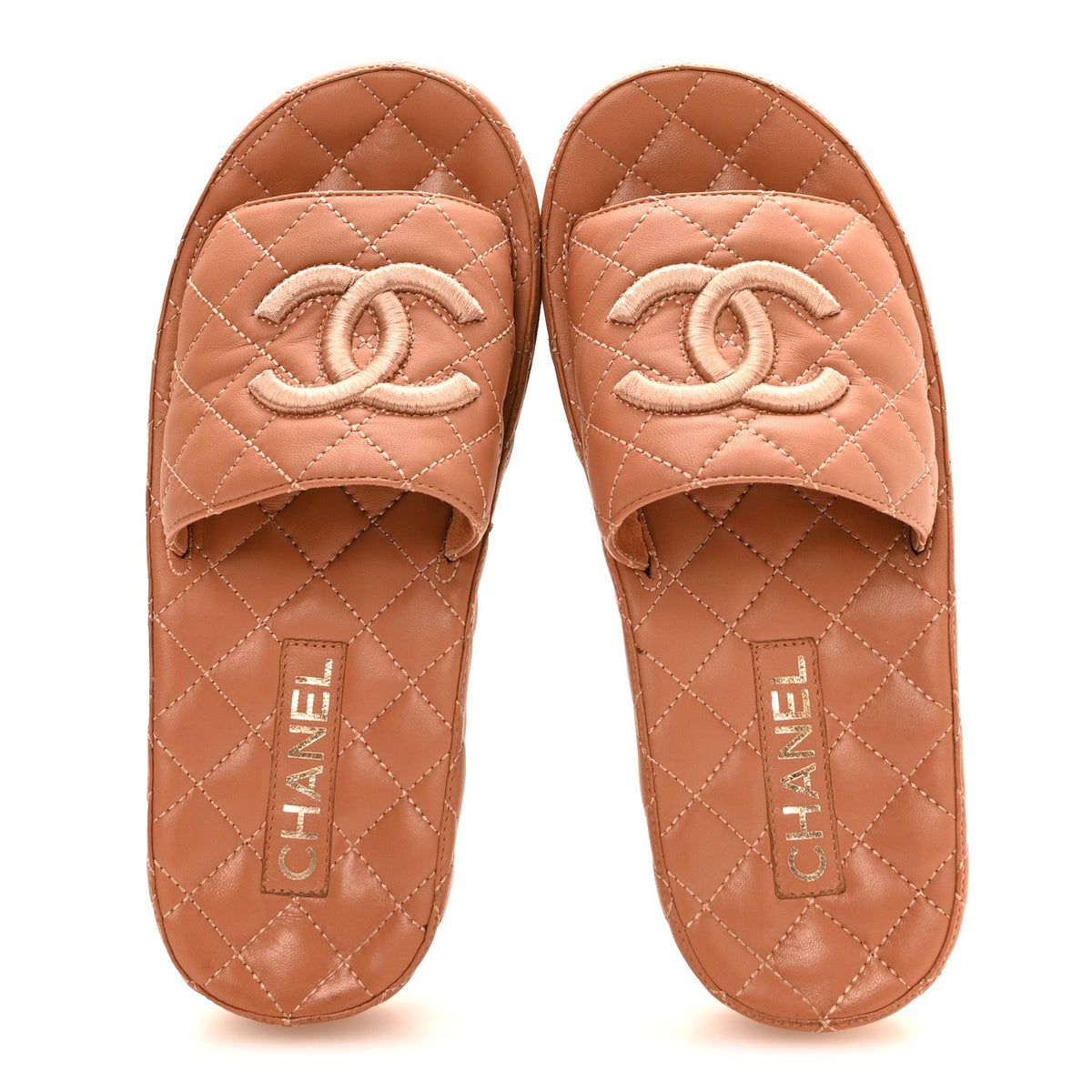 Chanel Lambskin Quilted Women's CC Mules Sandals 37 Brown