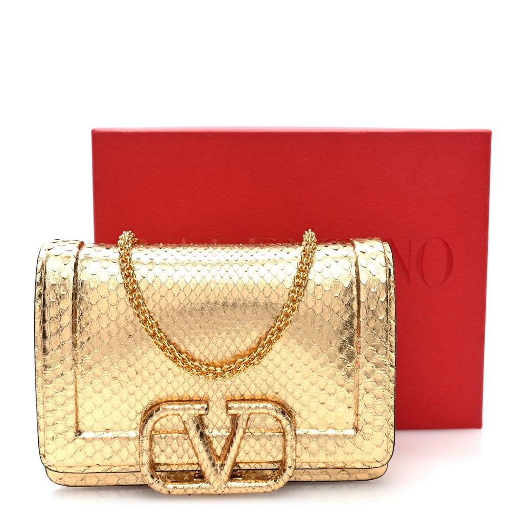 Valentino Garavani Metallic Snakeskin Vlogo Mini Shoulder Bag Gold