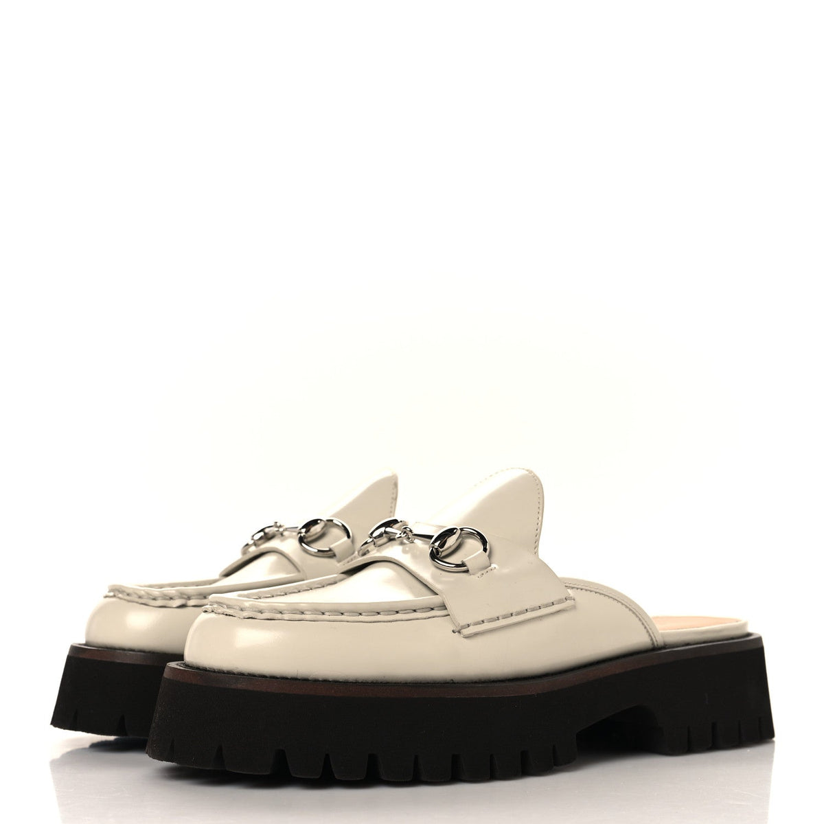 Gucci Smooth Calfskin Women's Cordovan Lux Horsebit Platform Mules 37 Mystic White
