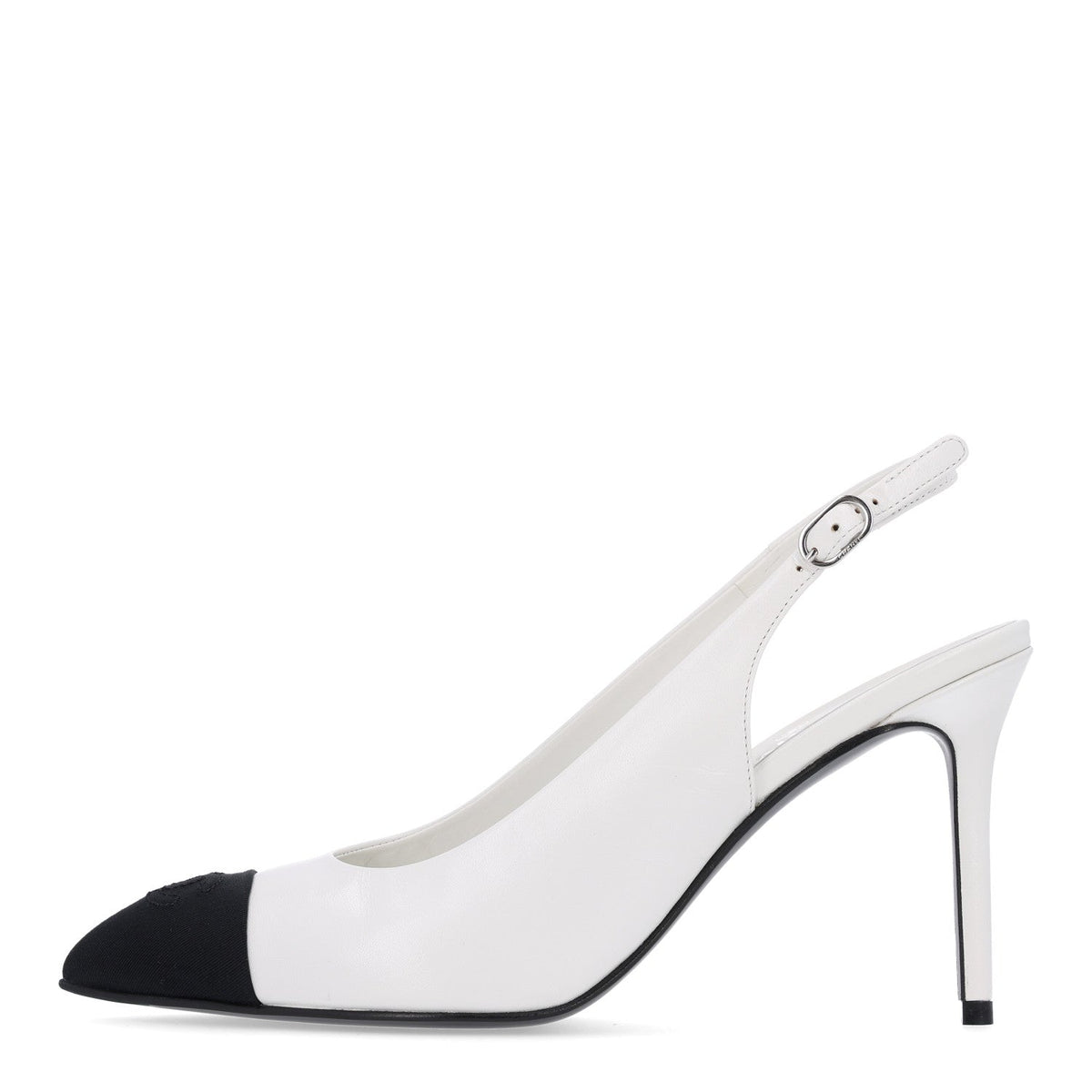 Goatskin Grosgrain Pointed Cap Toe CC Slingback Pumps White Black