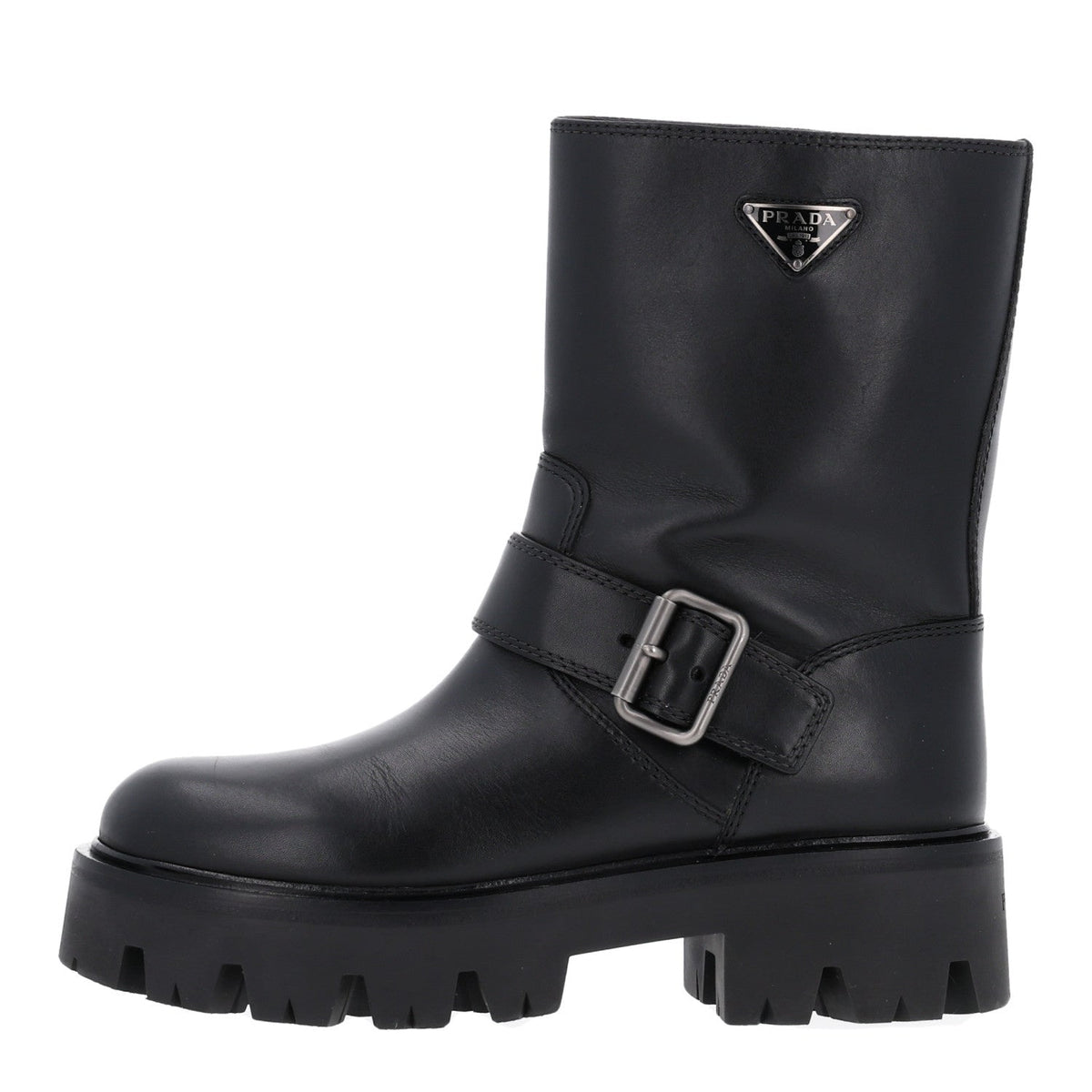 Calfskin Metal Triangle Logo Buckled Booties Black