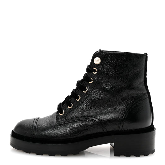 Shiny Calfskin Velvet Pearl Combat Short Boots Black