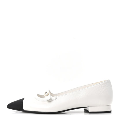 Chanel Lambskin Grosgrain Women's Pearl Mary Janes Flats 37.5 White Black