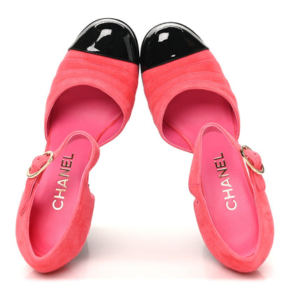 Chanel Suede Kidskin Patent Women's CC Platform Pumps 37 Dark Pink Black