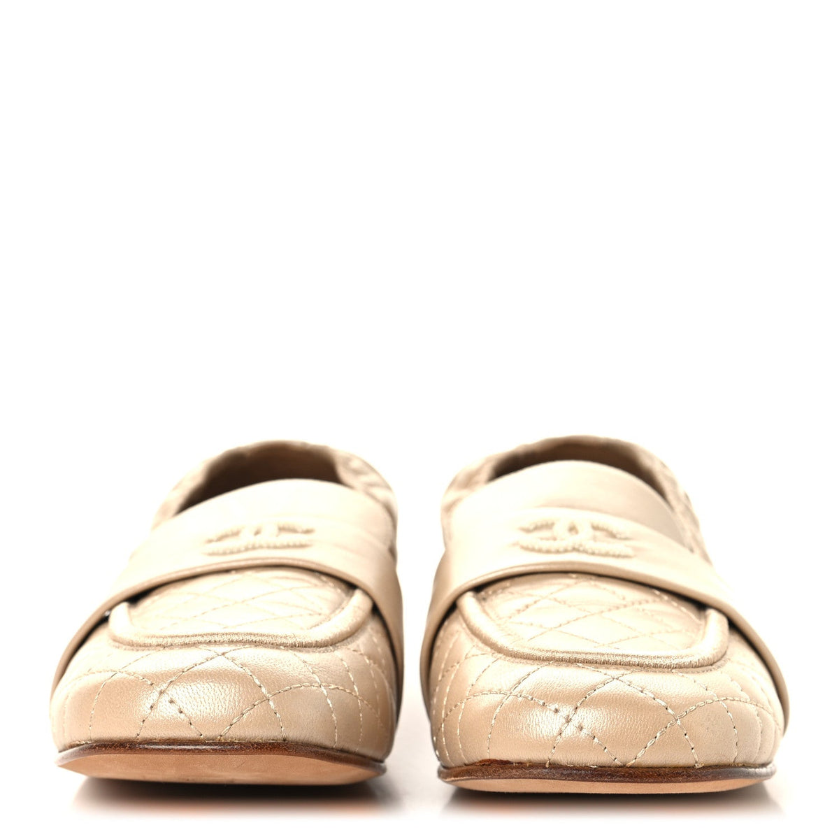 Chanel Laminated Lambskin Quilted Elastic CC Women's Loafers Beige