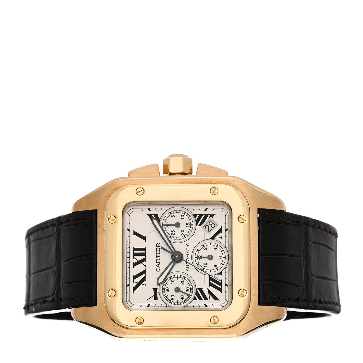 Cartier 18K Yellow Gold Alligator 41.5mm Santos 100 Chronograph Watch