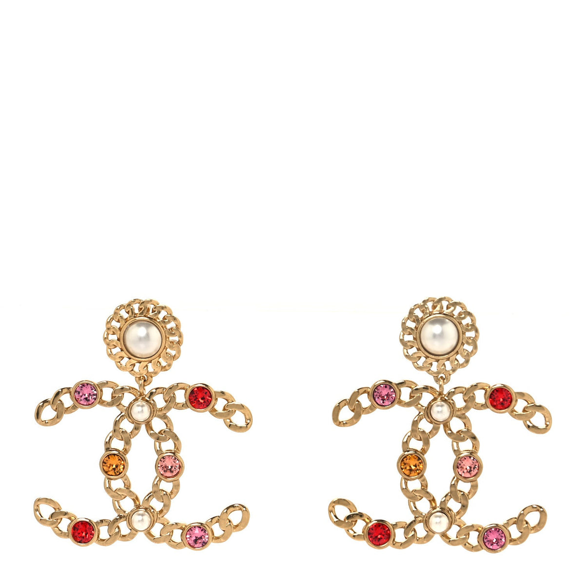 Pearl Crystal Chain Link CC Drop Earrings Gold Red Pink Yellow
