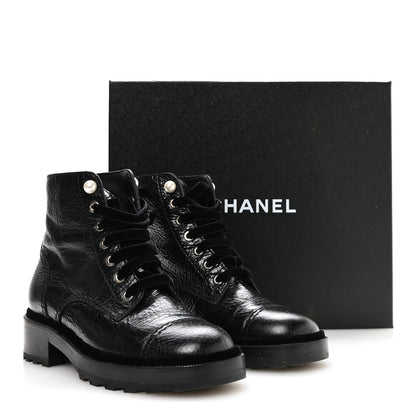 Chanel Shiny Calfskin Velvet Women's Combat Short Boots 37.5 Black