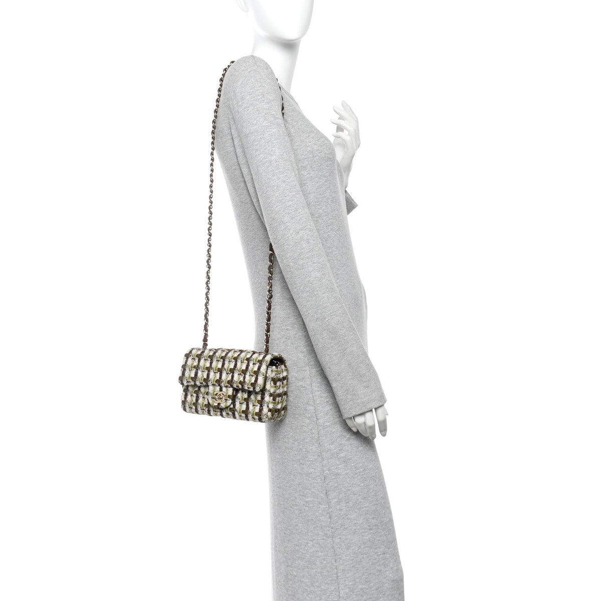 Chanel Tweed Quilted Mini Rectangular Flap Bag Green Brown