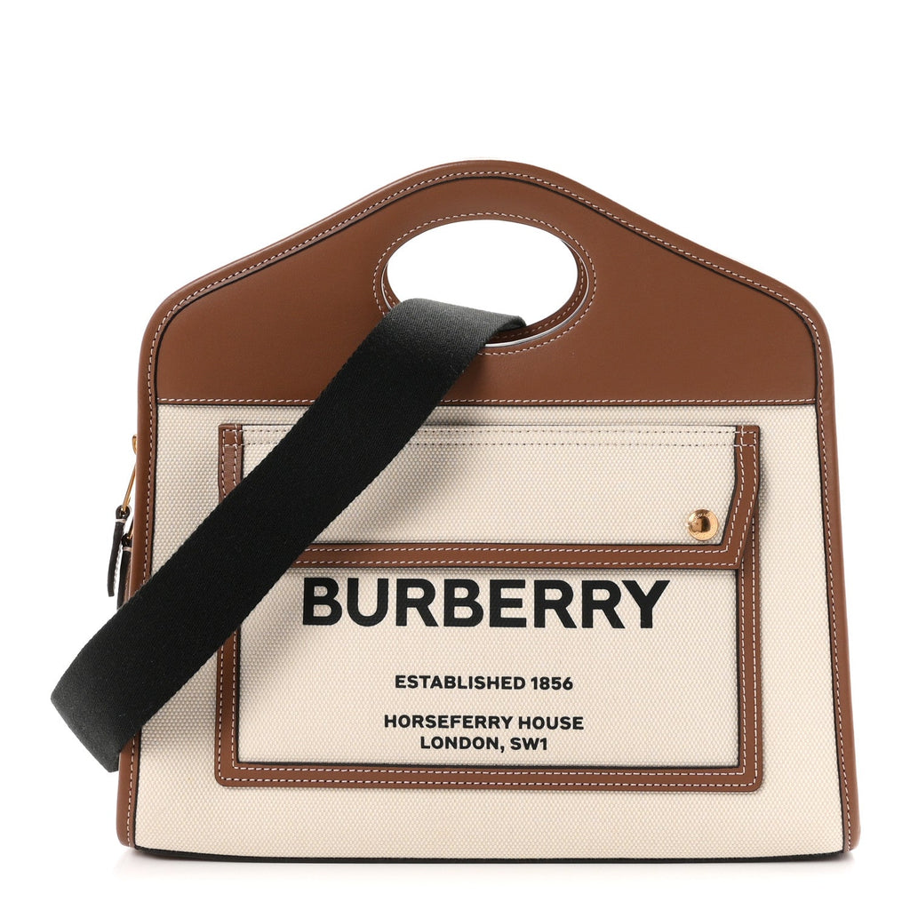 Burberry Canvas Smooth Calfskin Two Tone Small Pocket Bag Natural Malt Brown