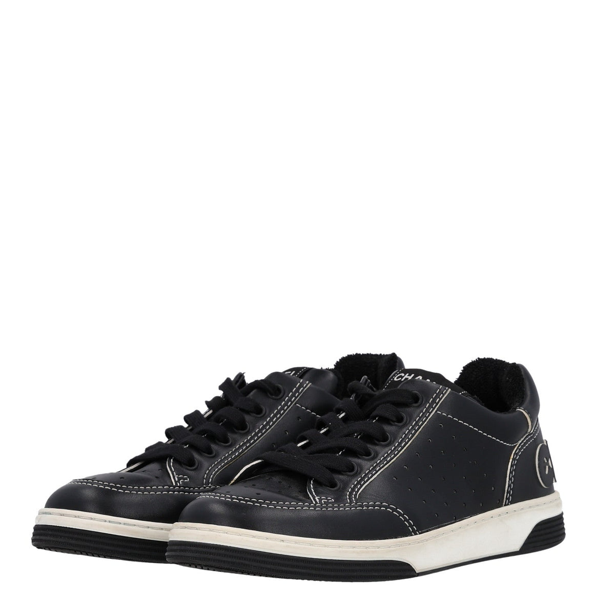 Chanel Calfskin Women's Logo Sneakers 38 Black White