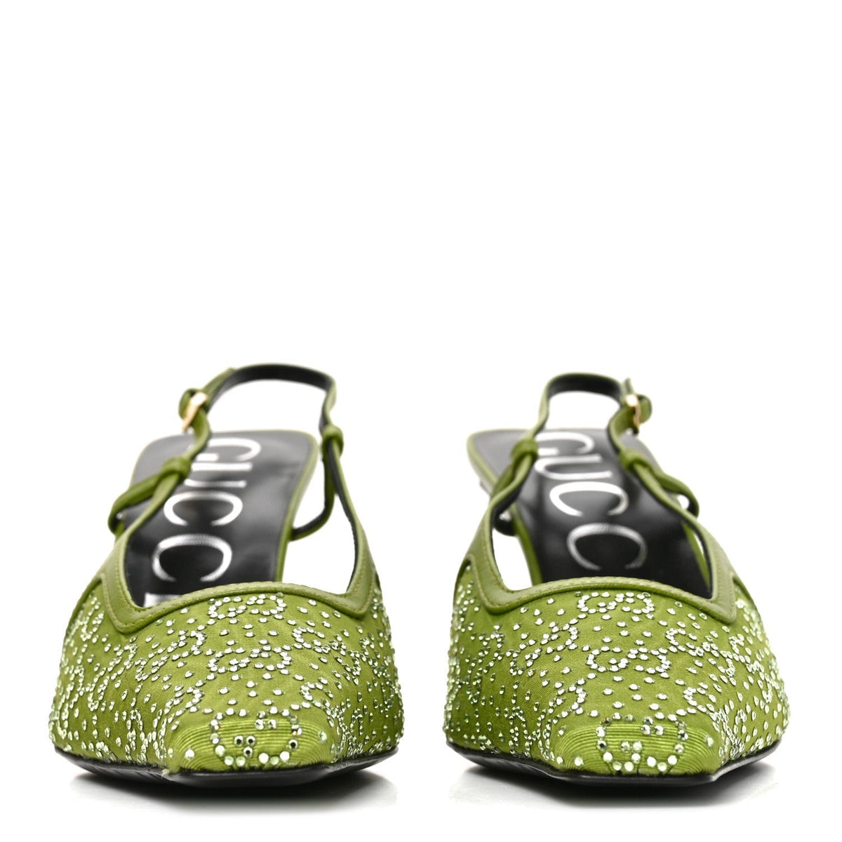 Gucci Moire Fabric Women's Crystal GG Slingback Pumps 37 Lemon Leaf