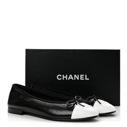Chanel Crumpled Lambskin CC Cap Toe Women's Ballerina Flats Black White