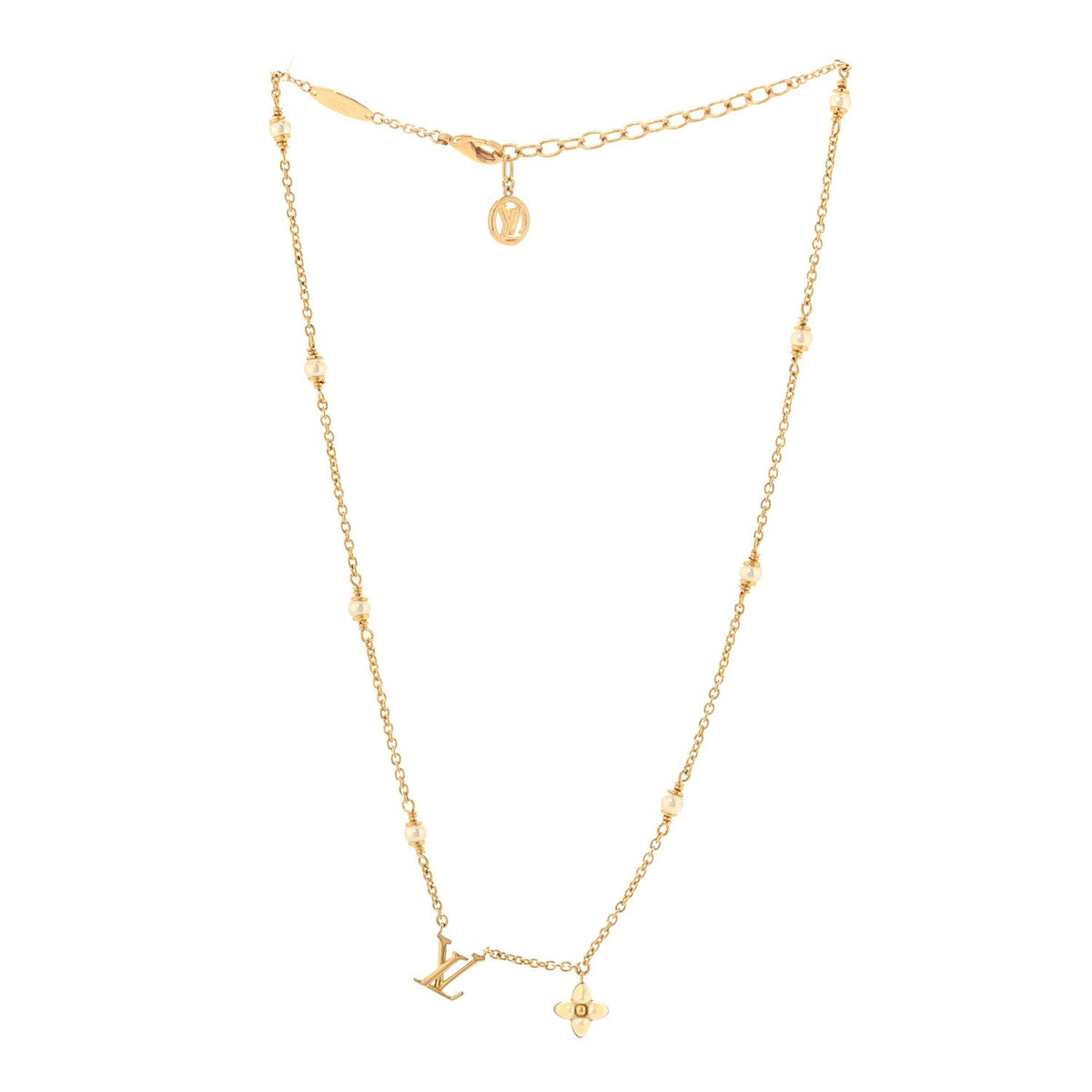 Metal Resin Pearl LV Floragram XS Necklace Gold White