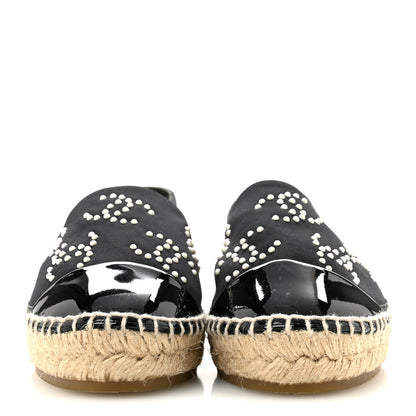 Chanel Neoprene Patent Calfskin Women's Pearl CC Espadrilles 35 Black White