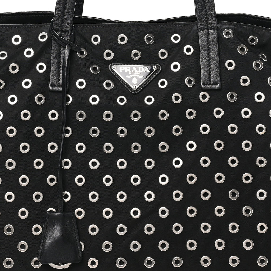 Prada Tessuto Nylon Calfskin Grommet Tote Black