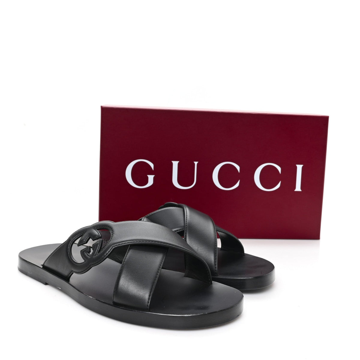 Gucci Cosmos Softy Calfskin Interlocking G Slide Sandals 12 Black