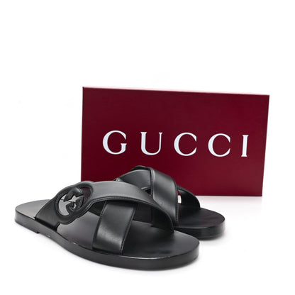 Gucci Cosmos Softy Calfskin Interlocking G Slide Sandals 12 Black