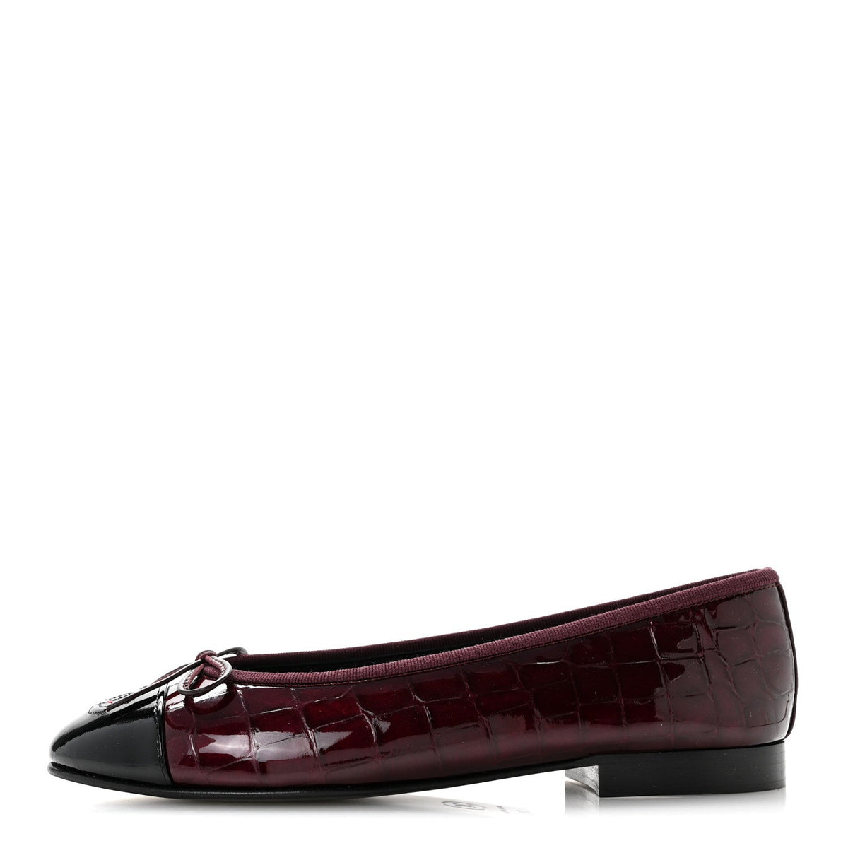 Patent Calfskin Crocodile Embossed Cap Toe CC Ballerina Flats Dark Bur