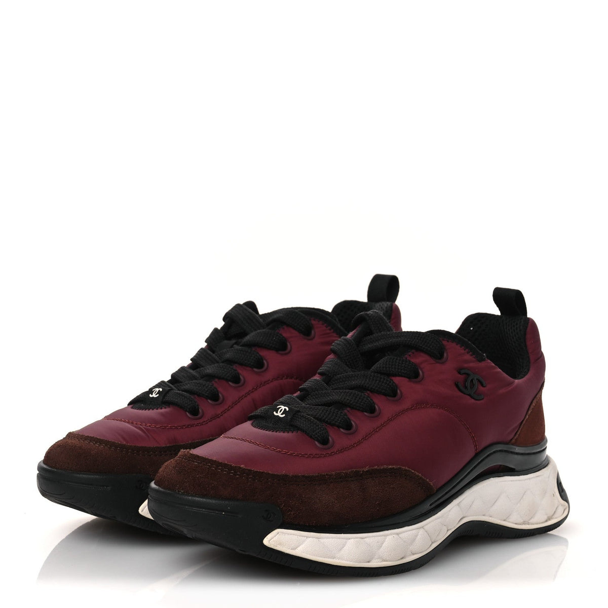 Chanel Nylon Suede Calfskin Women's CC Sneakers 38 Burgundy Brown