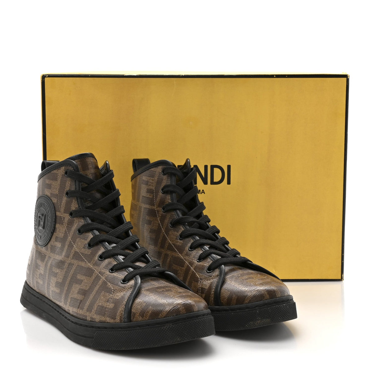 Fendi Coated Canvas FF 1974 Women's High Top Sneakers 37.5 Mogano Panna Black