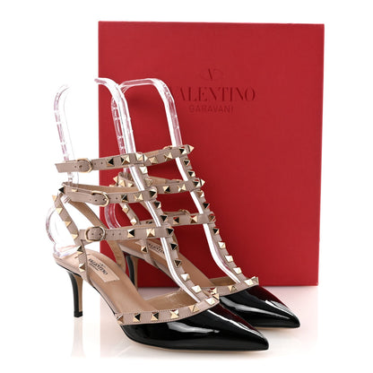 Valentino Garavani Patent Nappa Women's Rockstud Ankle Strap Pumps 36.5 Black Poudre