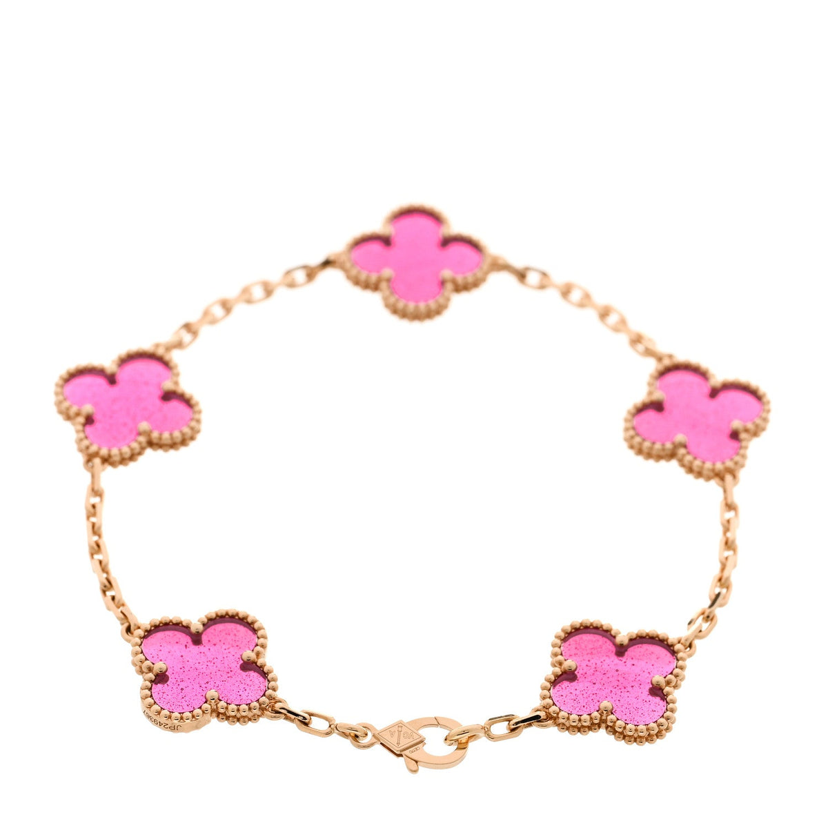 18K Yellow Gold Pink Enamel 5 Motifs Vintage Alhambra Bracelet